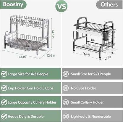 2 Tier Dish Drainers Drying Rack for Kitchen Counter Large Stainless Steel Dishes Drain with Drainboard, Space Saving, Big Modern Silver Countertop Metal Plates Dryer Strainer Holder and Extra Tray