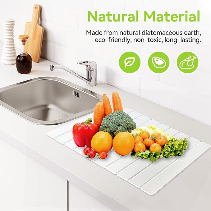 Large Stone Dish Drying Mats for Kitchen Counter - 24"(L)×16"(W) Quick Dry Collapsible Dish Drying Mat for Dishes Bottles Cups, Eco-friendly Diatomaceous Earth Absorbent Mat for Any Countertop White