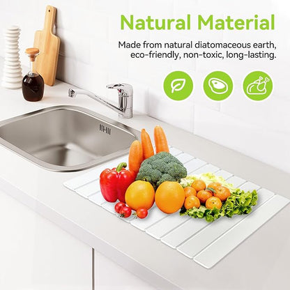 Large Stone Dish Drying Mats for Kitchen Counter - 24"(L)×16"(W) Quick Dry Collapsible Dish Drying Mat for Dishes Bottles Cups, Eco-friendly Diatomaceous Earth Absorbent Mat for Any Countertop White