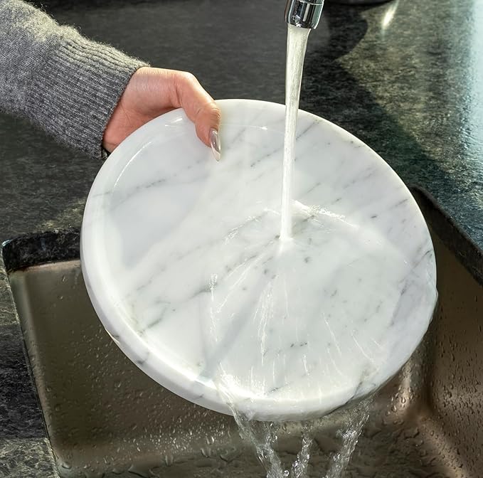 Natural Marble Decorative Tray for Bathroom Bedroom Kitchen Dresser, 9.8” Round Vanity Trays for Jewelry, Perfume, Cosmetic, Candle, Countertop Storage Organizer for Home Decor White, Arabescato