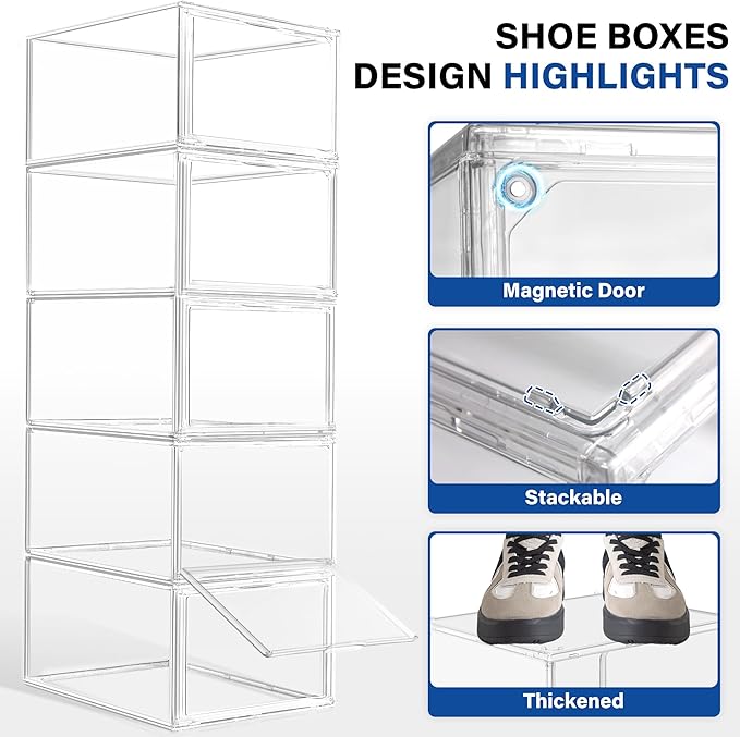 EZJOB 12 Pack Drop Front Shoe Boxes Acrylic Box Sneaker Case Size 12, Transparent Display Cases for Sneaker Collections, Baseball Caps, Hat Organizer Dust-free Shoe Cubbies Stackable Sneaker Boxes