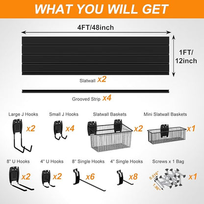 DoCred Slatwall Paneling Organizer, 4x2 FT PVC Garage Slat Wall Storage Systems, Heavy Duty Mounted Slat Peg Board for Tool Organization Ladder Bike Includes 27 PCS Hooks Accessories Kit (Black)
