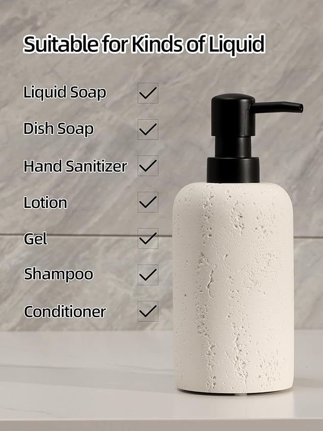 Haocoott Soap Dispensers 400mL 13.5 OZ, 2 PCS Luxurious Hand Dish Lotion Shampoo Soap Dispenser Jar, Travertine Soap Bottles Rustproof Pump for Kitchen Bathroom Countertop