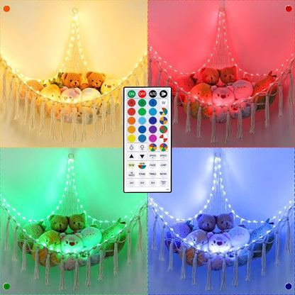 Stuffed Animal Hammock 75LEDs, 20 Colors Warm White 55in Extra Large Storage Macrame Hammock with Remote, USB Powered Hanging Plush Animal Net for Kids Bedroom Doll Room Corner Organizer(XL)