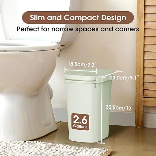 CEROELDA 3 Pack Bathroom Trash Can with Lid, 10L/2.6 Gal Small Garbage Can with Press Top Lid, Slim Plastic Waste Basket for Toilet, Office, Bedroom (Green)