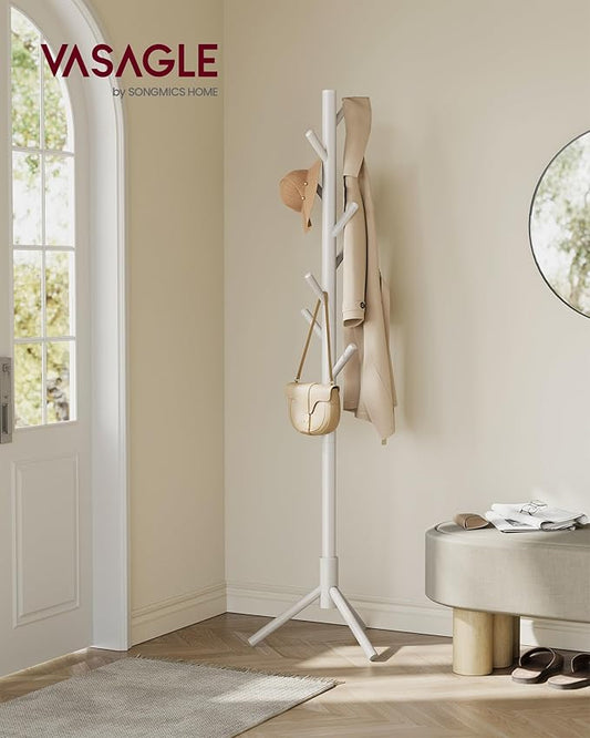 VASAGLE Solid Wood Coat Rack, Free Standing Tree-Shaped Coat Rack with 8 Hooks, 3 Height Options, for Clothes, Hats, Bags, Living Room, Bedroom, Home Office, Cappuccino Beige URCR004K01