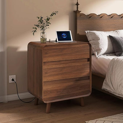 Nasonet Tall Nightstand with Charging Station, Mid Century Modern Nightstands with 3 Storage Drawers, Curved Wood Night Stands for Bedrooms, Walnut