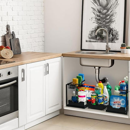 3 Pack, Under Sink Organizer 2-Tier with Slide Out Lower Drawer - Metal Pull Out Cabinet Organizer for Kitchen Bathroom, Includes Removable Center Basket & Storage Shelves, Space Saving Design