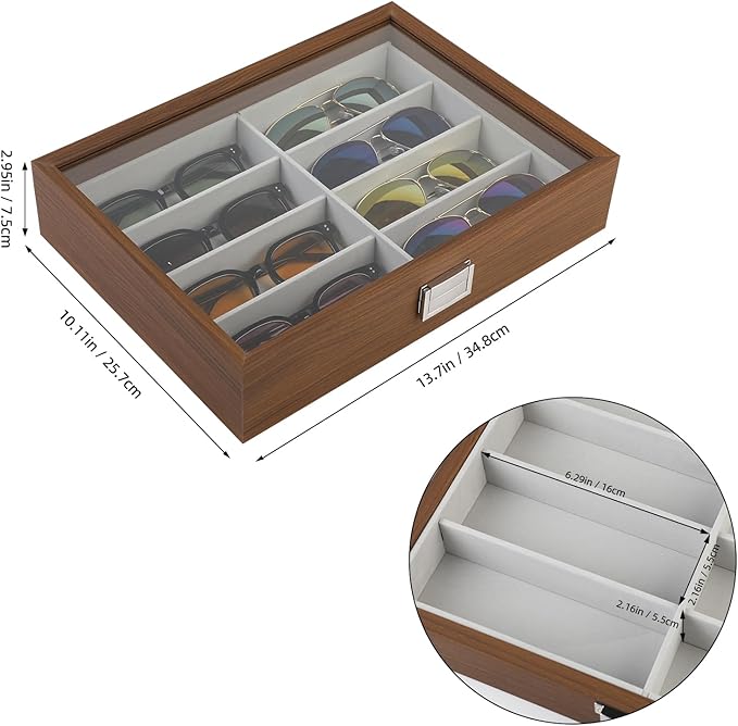 BAOJULONG Wooden Sunglasses Organizer Box, Eyewear Display Eyeglass Case, Glasses Storage Box Sunglass Holder Gifts