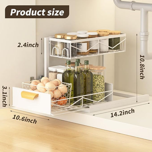 Under Sink Organizer - 2 Tier Pull Out Cabinet Organizer with Sliding Drawers, Adjustable Metal Storage Shelf for Kitchen & Bathroom, Space Saving Storage Solution (White, 1-Pack)