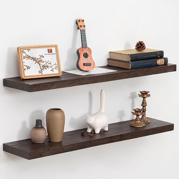 Fun Memories Floating Shelves for Wall Set of 2, Rustic Solid Elm Wood Wall Shelves 36 Inch - Invisible Bracket Mount for Living Room, Bathroom, Bedroom, Kitchen, Walnut