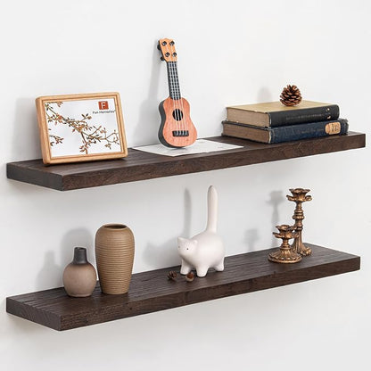 Fun Memories Floating Shelves for Wall Set of 2, Rustic Solid Elm Wood Wall Shelves 36 Inch - Invisible Bracket Mount for Living Room, Bathroom, Bedroom, Kitchen, Walnut