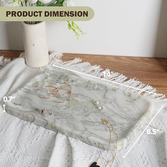 Karibiber Marble Vanity Tray, Large Stone Bathroom Tray for Countertop, 14'' African Gem Genuine Marble Decorative Tray for Dresser, Green Kitchen Trays for Counter,Perfume Storage, Non-Resin/Ceramic