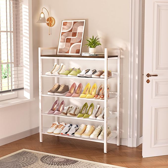 Shoe Rack for Front Door Entrance, 5 Tier Shoe Rack for Entryway, 16-20 Pairs of Shoes, Metal Shoe Racks Organizer, Free Standing Shoe Racks for Closet, Garage, Outdoor (White+Beige)