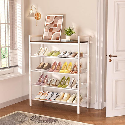 Shoe Rack for Front Door Entrance, 5 Tier Shoe Rack for Entryway, 16-20 Pairs of Shoes, Metal Shoe Racks Organizer, Free Standing Shoe Racks for Closet, Garage, Outdoor (White+Beige)