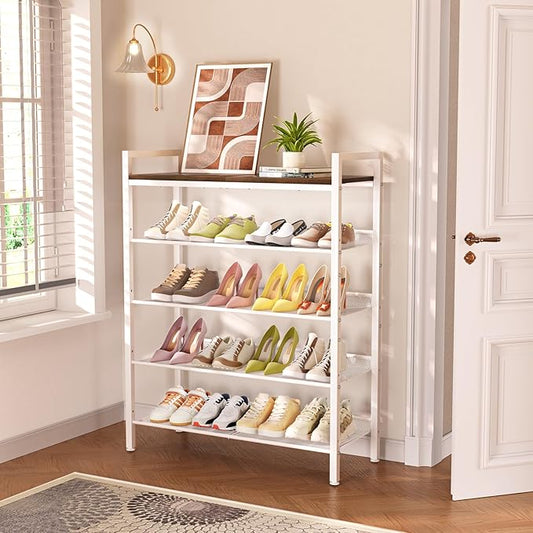 Shoe Rack for Front Door Entrance, 5 Tier Shoe Rack for Entryway, 16-20 Pairs of Shoes, Metal Shoe Racks Organizer, Free Standing Shoe Racks for Closet, Garage, Outdoor (White+Beige)