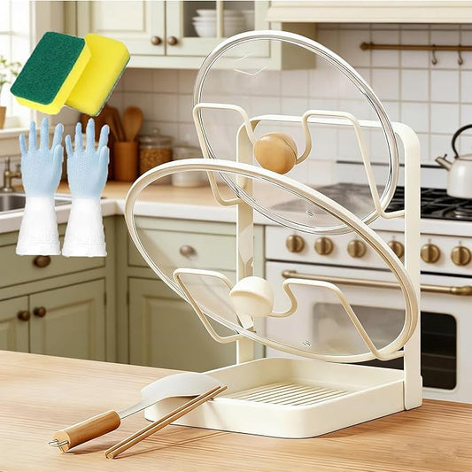 2026 New Kitchen Pot Lid Storage Rack, Pot Lid Holder While Cooking, Double Layer Lid and Spoon Rest With Tray, Multifunctional Spatula Holder For Stovetop, Kitchen Counter (Double Layer-beige)