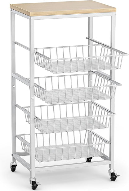 Snack Cart, 5-Tier Kitchen Carts on Wheels with Storage,Fruit Basket Stand with Pull-Out Baskets and Wood Top,Kitchen Organizer for Fruit Vegetable Snack (Oak Beige)