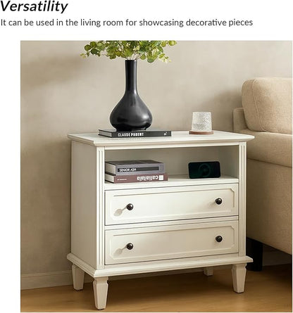 HULALA HOME Farmhouse End Table with Charging Station, End Table with USB Ports & Outlets, Fluted Pilasters Design Side Table with Open Space and 2 Drawers Dresser for Living Room, White