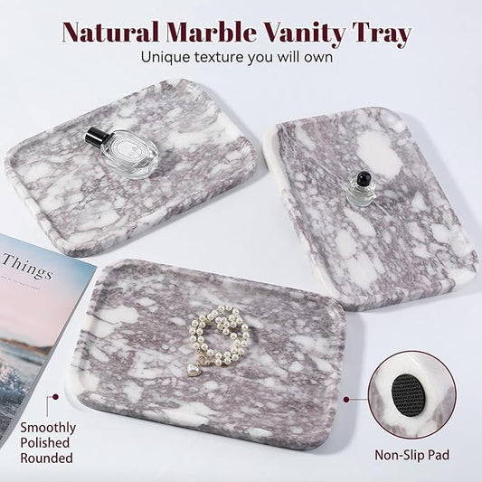Karibiber Luxury Marble Vanity Tray, Bathroom Tray Countertop, Calacatta Marble/Stone, Home Decorative Dresser Organizer, Storage for Kitchen Sink, Perfume Jewelry Holder(Purple&White)