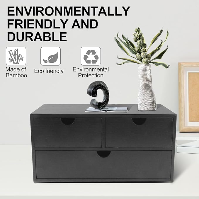 Bamboo Desk Organizer with 3 Drawers, Countertop Organizer with Drawers Makeup Storage Drawer 3 Drawer Tabletop Storage Organization Box Home Office Workspace（Black）