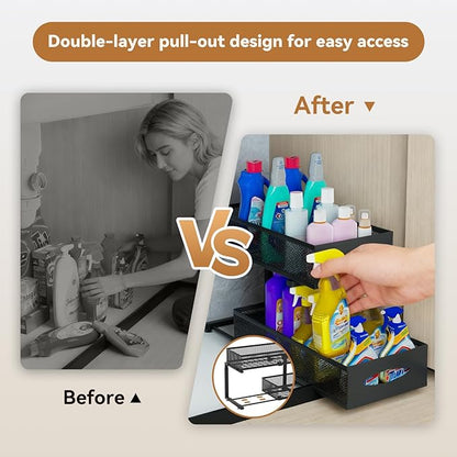 2 Pack Under Sink Organizer,2 Tier Pull Out Sink Shelf,Cabinet Organizer Shelves,Under Sink Shelf,Metal Sliding Drawer Storage for Kitchen Bathroom,Height Adjustable,Black