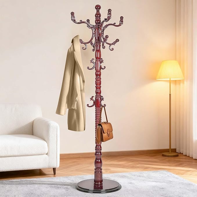 73" Wooden Coat Rack Freestanding, Coat Rack Stand With 18 Hooks And Round Solid Wood Base，Adjustable Height, Easy To Assemble For Entrance Hallway Office Living Room Bedroom