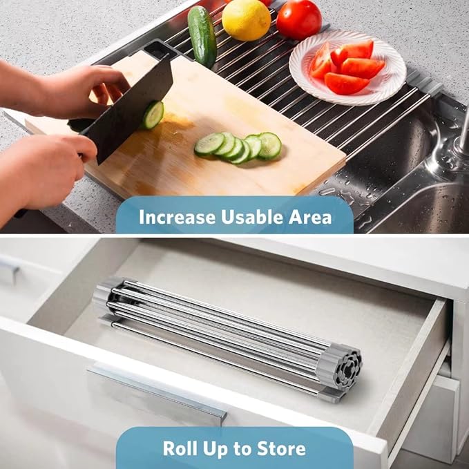 EMIERAI Upgraded Roll Up Dish Drying Rack(21.5” x 13.1”) Over Sink Dish Drainer Foldable Stainless Steel Trivet for Kitchen Countertop
