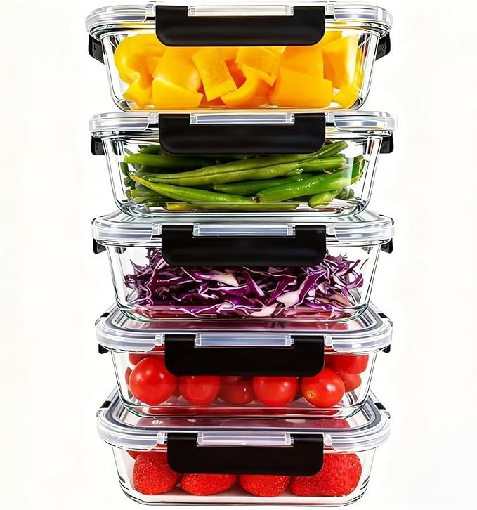 KEKEGO Glass Food Storage Containers Set of 5, Airtight Glass Meal Prep Containers, BPA-Free Lunch Containers for Microwave, Oven, Freezer & Dishwasher Safe（35oz）