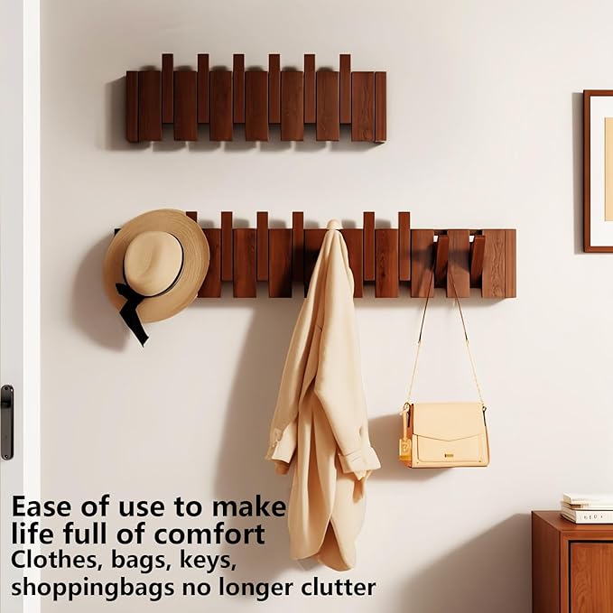 Wall Mounted Coat RackHooks Piano Key Hangers Natural Solid Wood Hanger Non-Woven Fabric Clothes Hangers for Closet, Kitchen, Bedroom, Bathroom, Entryway (Walnut, 10 Hooks)