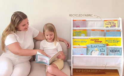 UTEX Kids Bookshelf Storage, Book Shelf for Kids Rooms, 4 Tier Sling Bookshelf for Kids, Toddler, Magazine Book Rack, Children Book Organizer, White