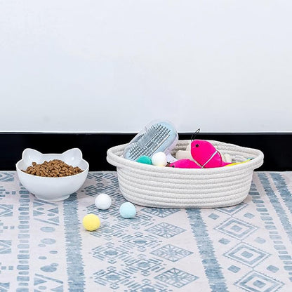 CubesLand Small Woven Rope Toys Basket for Organizing Set 5, Shelves Closet Storage Bins, Empty Gift Baby Shower Basket Also Perfect for Toilet Paper Storage, Organizer Bins Off White