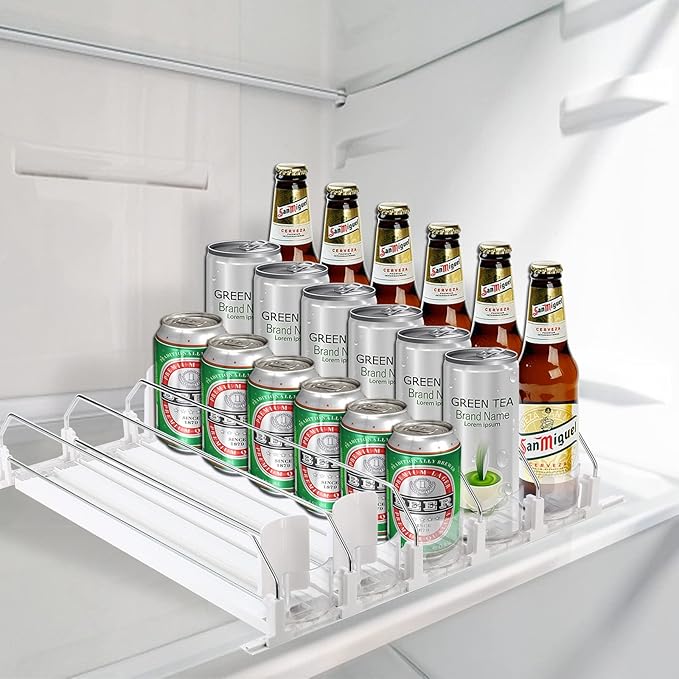 ONCHSH Drink Organizer for Fridge,Soda Can Drink Organizer for Refrigerator,Beer Pop Can Water Bottle Storage for Pantry,Width Adjustable Beverage Pusher Glide (White, 16.4" D - 5 Rows)