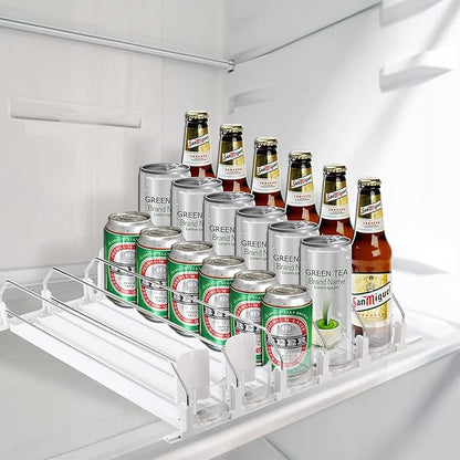 ONCHSH Drink Organizer for Fridge,Soda Can Drink Organizer for Refrigerator,Beer Pop Can Water Bottle Storage for Pantry,Width Adjustable Beverage Pusher Glide (White, 16.4" D - 5 Rows)