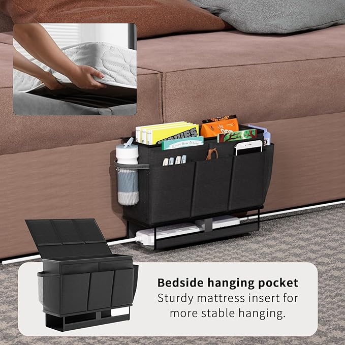 Frjjthchy Bedside Caddy, Bed Organizer with 11 Pockets and Power Strip Holder,Versatile Bedside Storage Caddy for Home,Dorm,Bunk,Hospital,Crib Bed (Black)