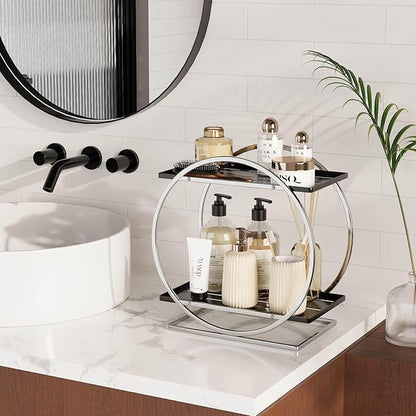 YIWANFW 2-Tier Bathroom Organizer Countertop, Silver Black Perfume Organizer for Dresser, Multi-Purpose Makeup Organizer, Large Cosmetic Skincare Organizers, Exquisite Vanity Storage, Ideal for Gift