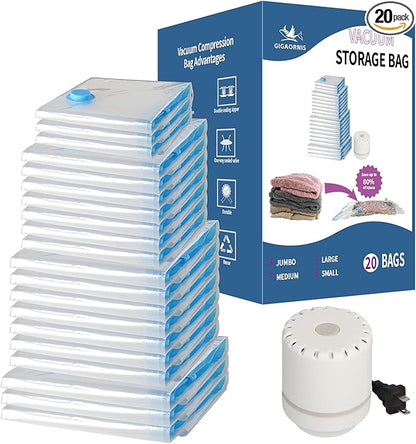 20 Pack Space Saver Vacuum Storage Bags for Clothing Travel, Vacuum Seal Compression Bags for Clothes, Packing, Luggage, Blankets, Comforters and Pillows, Electric Pump Included