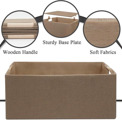 Foldable Fabric Storage Cubes, 2 Packs Cloth Storage Baskets with Wooden Handles, Collapsible Shelf Closet Organizer Bins, Rectangular Storage Boxes for Decor (Coffee Color)