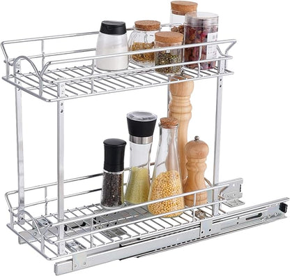 OCG Slide Out Cabinet Organizer for Narrow Cabinet (5" W X 17" D), 2 Tier Pull Out Shelves Slim Sliding Cabinet Organizer and Storage, Chrome