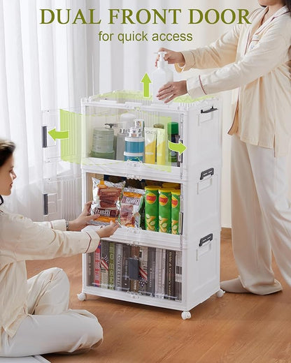 OlarHike 48QT Stackable Storage Bins with Lids - Folding Storage Boxes with Doors and Wheels, Collapsible Plastic Storage Organizer for Closets, Storage and Organization, 6 Pack Cubes