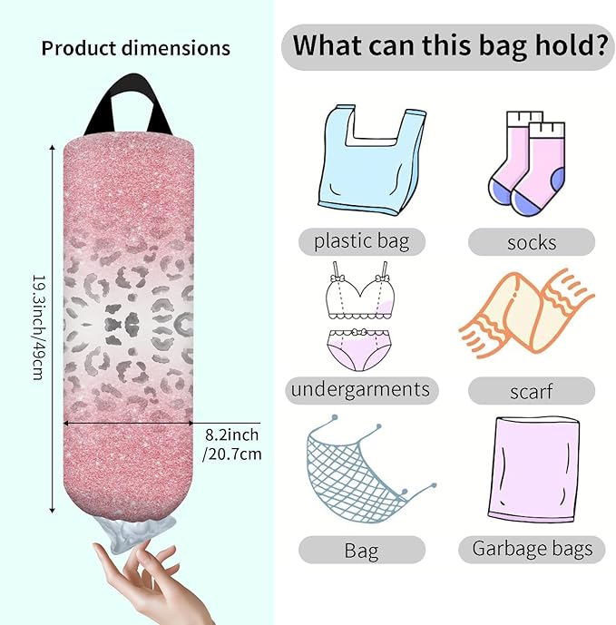 Plastic Bag Holder, Wall Mount Grocery Bag Organizer, Funny Hanging Trash Bag Storage Dispenser for Home Kitchen Morden Pink Leopard