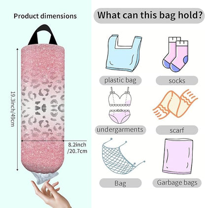 Plastic Bag Holder, Wall Mount Grocery Bag Organizer, Funny Hanging Trash Bag Storage Dispenser for Home Kitchen Morden Pink Leopard