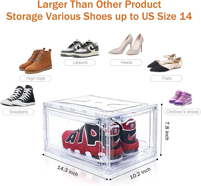 SAISTORY 6 Pack Shoe Boxes Clear Stackable, Large Shoe Storage Boxes, Space Saving Acrylic Shoe Boxes, Foldable Shoe Container Boxes that Fits Up to Size 14 Shoes (10 Pack Transparent)