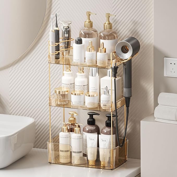 Weidace Bathroom Counter Organizer for Vanity, Makeup Organizer Countertop with Holder, Large Capacity Storage Rack, Perfect Large Skincare, Hair Care, Perfume, Easy to Install (Gold, 3Tiers)