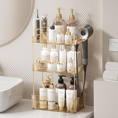 Weidace Bathroom Counter Organizer for Vanity, Makeup Organizer Countertop with Holder, Large Capacity Storage Rack, Perfect Large Skincare, Hair Care, Perfume, Easy to Install (Gold, 3Tiers)