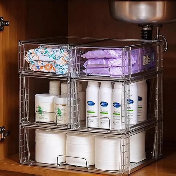 Stackable Storage Drawers(3 Pack),High-strength Clear Plastic Multi-purpose Organizer Bins with Handles, Easily Assemble Acrylic Drawers for Bathroom Closet Cabinet Pantry Under Sink