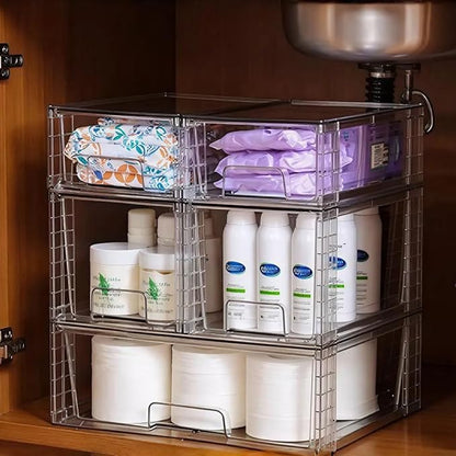 Stackable Storage Drawers(3 Pack),High-strength Clear Plastic Multi-purpose Organizer Bins with Handles, Easily Assemble Acrylic Drawers for Bathroom Closet Cabinet Pantry Under Sink