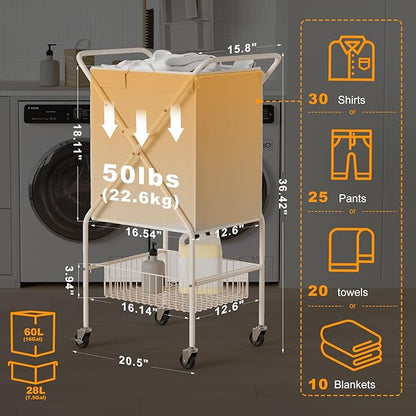 Convenient Laundry Basket with Wheels,36" High Easy Rolling Laundry Cart with Wheels,Heavy Duty Dirty Clothes Laundry Hamper with Handles Removable Bag for Seniors,Folding Metal Frame/Pink/98L