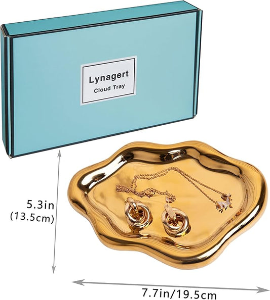 Lynagert Cloud Trinket Dish, Chubby Jewelry Tray, Ceramic Jewelry Ring Trinket Dish for Rings Earrings Necklace Organizer, Mother's Day Thanksgiving Christmas Birthday Bridesmaid Gifts (Golden)