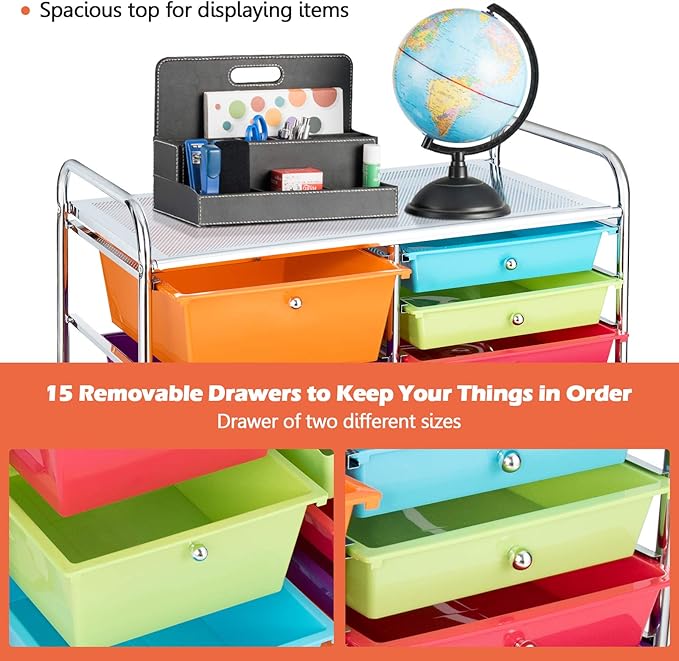 KOTEK 15-Drawer Rolling Storage Cart, Multipurpose Mobile Utility Cart with 4 Wheels, Home Office School Tools Scrapbook Paper Organizer (Multicolor-Combo2)